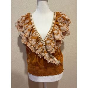 Anthropologie Sz L Wrap Top Mustard Yellow Embroidered Lace Boho Beach Festival